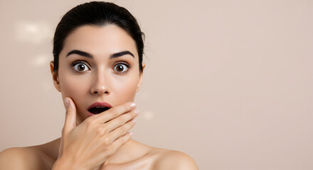 Surprised Brunette Woman With Open Mouth Covering Face Against Beige Background in Studio Lighting For Beauty Concepts and Emotion