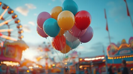 Colorful balloons float over a carnival