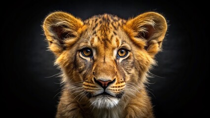 Fototapeta premium Adorable Lion Cub Close-up: Detailed Face, Black Background Stock Photo