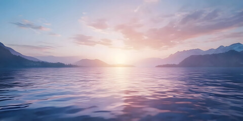 Fototapeta premium Serene Sunset over a Calm Lake with Mountain Silhouette