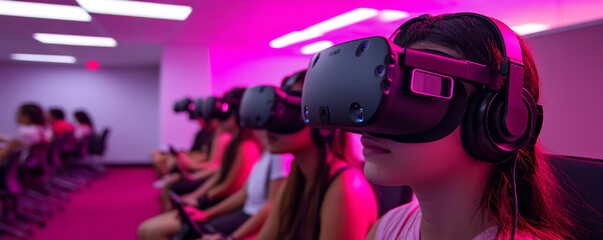 Group of people experiencing virtual reality with headsets in a brightly lit purple room with rows of seating.