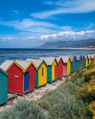 Colorful beach huts line a coastline