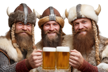 Viking Cheers: Three bearded Vikings, clad in traditional attire, raise their mugs of beer in a hearty toast, embodying the spirit of camaraderie and celebration.  