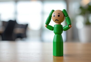 Wooden Figurine in Green Holding Head with Worried Expression