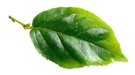 Fototapeta premium A vibrant green leaf with water droplets glistens on a pure white background showcasing its detailed veins and texture.