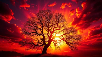 Tableau sur plexiglas  Vibrant sunset illuminating a majestic tree, casting striking silhouettes against a fiery sky. Nature's breathtaking display.  © Dougie C