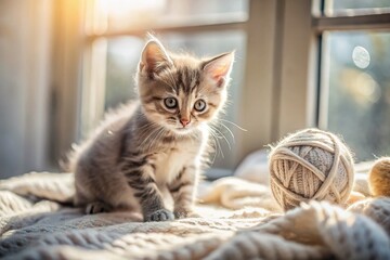 Adorable Gray Kitten Playing with Yarn on White Plaid Windowsill - Cute Pet Stock Photo