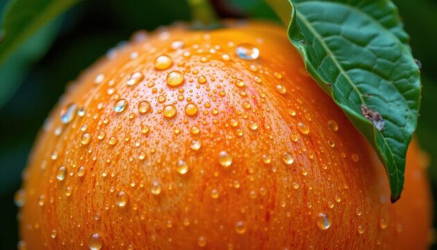 a hyper realistic close up of a ripe mango with dewdrops on its vibrant orange skin