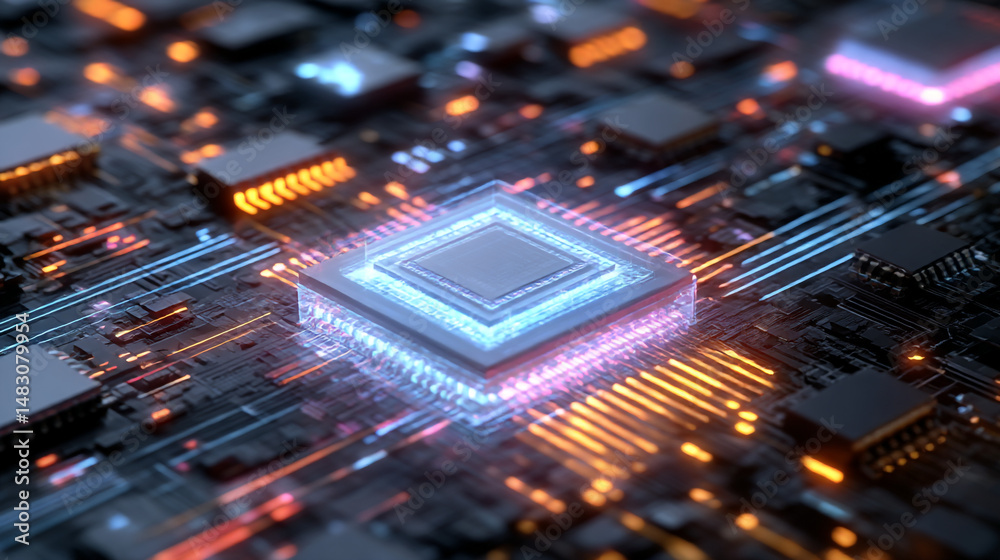 Poster abstract technology background with glowing circuit board and central processor unit digital microch