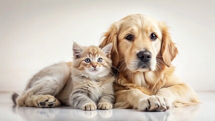 Obraz premium Adorable Golden Retriever Puppy Gently Hugging Tiny Kitten - Vintage Style Photo