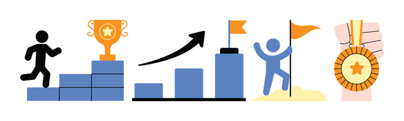 The image symbolizes a journey of achievement, illustrating motivation, progress, and the concept of business growth, ultimately leading to success and winning.