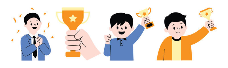 A collection of cheerful cartoon characters celebrating their achievements and victories, holding trophies with expressions of joy and triumph.