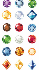 Colorful gemstone collection; various shapes & cuts; white background; ideal for jewelry design or game assets