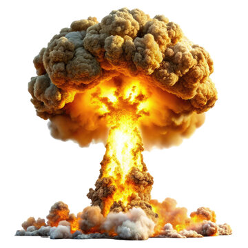 nuclear explosion blast with mushroom cloud isolated on transparent white background, clipping path