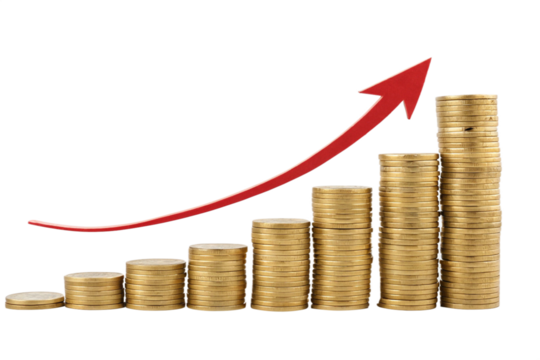 Increasing stacks of golden coins with a smooth upward green arrow, representing financial success and growth with an environmentally positive connotation, isolated on a transparent background