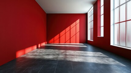 Empty red room with large windows