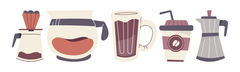 Five stylized coffee makers and cups illustration. A collection of different ways to make and enjoy coffee, showcasing variety and warmth.