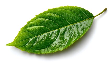 Obraz premium A single vibrant green leaf with prominent veins sits isolated on a pure white background showcasing its natural texture and detail.