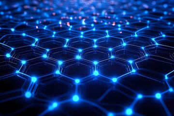 Illuminating Hexagonal Matrix: A close-up image showcasing a luminous network of interconnected hexagons, their vertices marked by glowing blue orbs.
