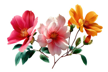 Vibrant Floral Arrangement: A trio of delicate flowers bursts with color and life, showcasing a pink, orange, and red blossom in a graceful arrangement.