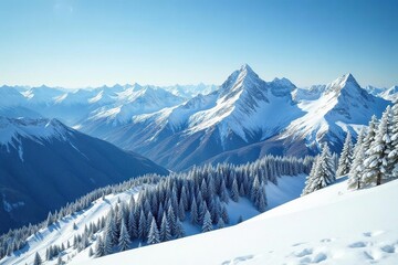 Summit view overlooking a vast, snow-capped mountain range, climb, winter, conquer