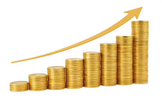 Increasing stacks of golden coins with a smooth upward green arrow, representing financial success and growth with an environmentally positive connotation, isolated on a transparent background