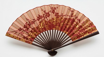 優雅な紅梅柄 繊細な扇子 上品な光沢 春の息吹感じる. AI Generated