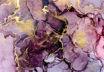 Abstract fluid art with alcohol ink technique painting, and decorated with gold foil glitter splash to look luxurious
