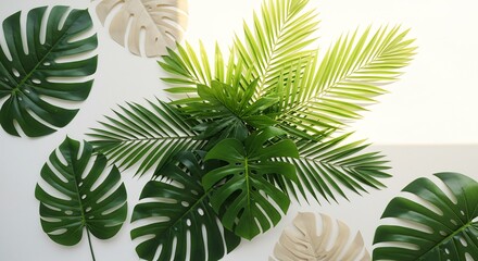 輝く緑葉 爽やか南国風 白背景アレンジメント. AI Generated