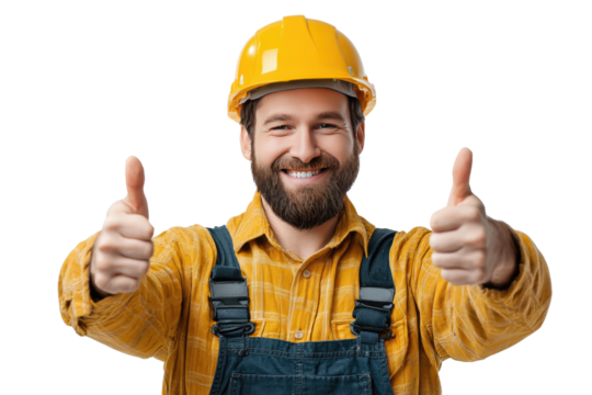Construction Worker's Approval: A smiling construction worker, adorned in a yellow hard hat and overalls, gives a double thumbs-up. It reflects confidence, satisfaction, and a positive outlook.