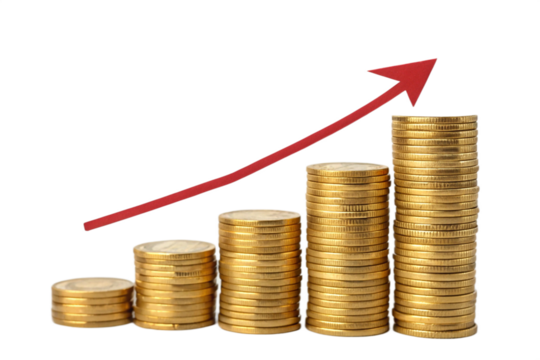 Increasing stacks of golden coins with a smooth upward green arrow, representing financial success and growth with an environmentally positive connotation, isolated on a transparent background