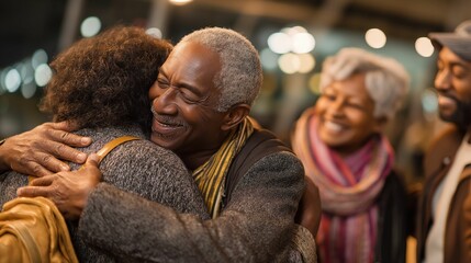 Obraz premium AI-generated illustration of joyful reunion of senior African American friends embracing