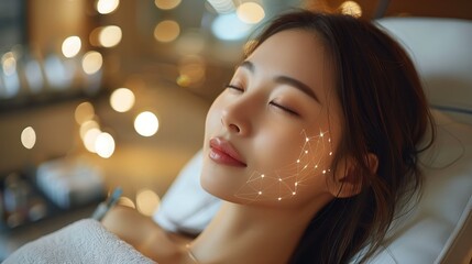 Woman resting during facial treatment, geometric light patterns illuminating smooth skin in minimalist wellness setting