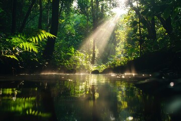 Obraz premium Sunlight streams through lush rainforest