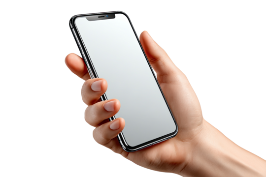 Modern Handheld: A human hand delicately holds a sleek, modern smartphone, showcasing its polished screen and capturing a sense of technological sophistication.