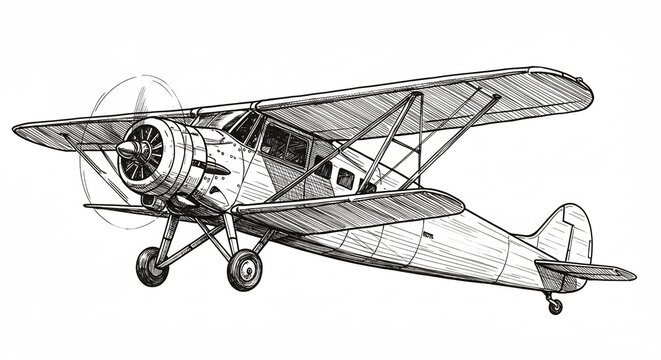 vintage biplane sketch, black and white clip art preview
