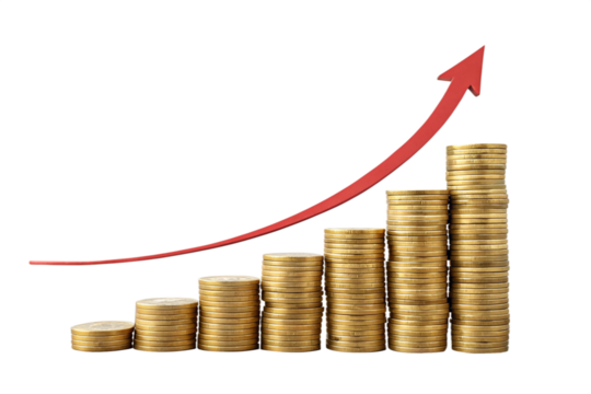 Increasing stacks of golden coins with a smooth upward green arrow, representing financial success and growth with an environmentally positive connotation, isolated on a transparent background