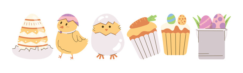 Charming Easter themed illustration featuring decorated eggs, adorable chicks, and sweet cupcakes. Perfect for spring holiday designs.