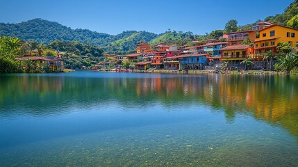 Fototapeta premium Colorful village reflects on tranquil lake