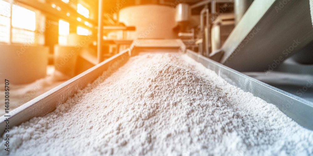 Poster Flour moves on a conveyor in factory setting Generative AI
