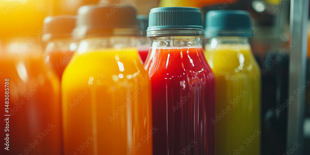 Poster Bottles of Fruit Juice on Production Line in Factory Generative AI