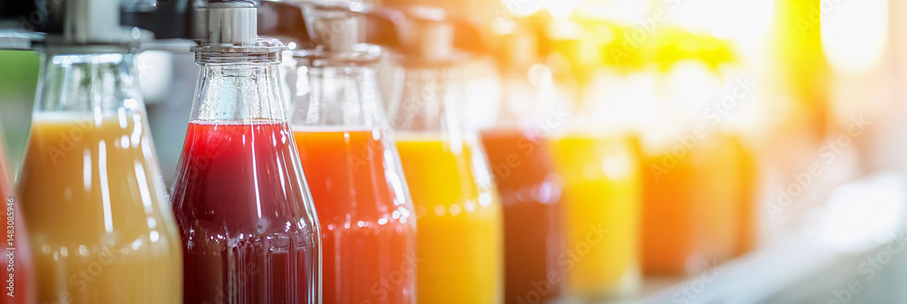 Poster juice bottles filled in modern fruit juice factory generative ai