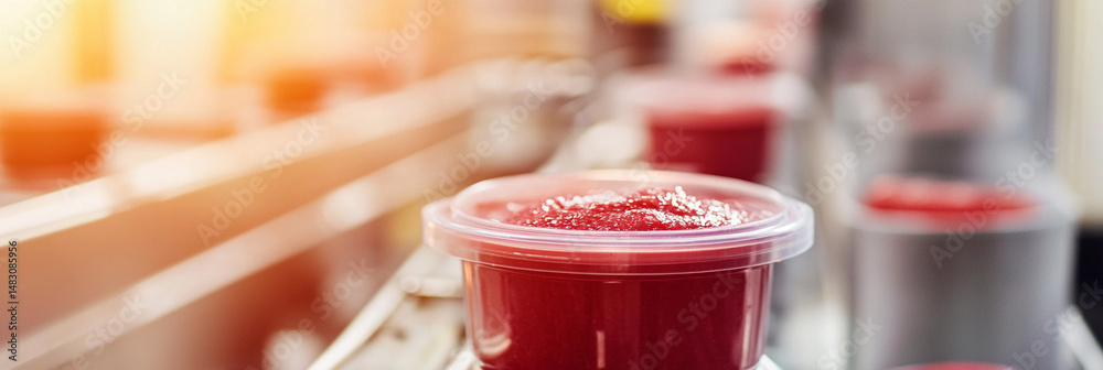 Poster fruit puree filling process in modern factory generative ai