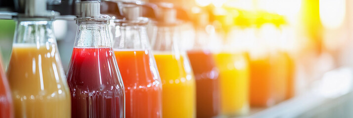 Juice bottles filled in modern Fruit Juice Factory Generative AI