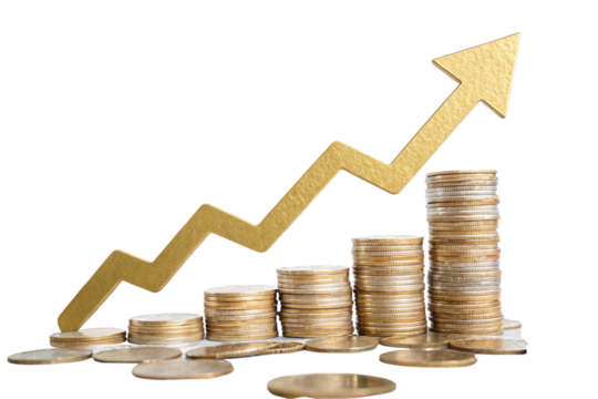 Increasing stacks of golden coins with a smooth upward green arrow, representing financial success and growth with an environmentally positive connotation, isolated on a transparent background