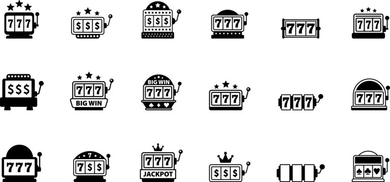Casino slot. Machine jackpot Slot machine.Jackpot poker 777 slot machine icons. Gambling fortune vector concept. Illustration of game machine, gaming casino, one arm bandit. Lucky icons set.
