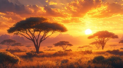 Golden sunset over an African savanna landscape.