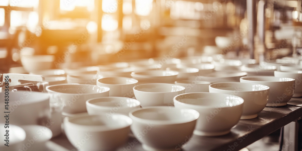Poster Rows of ceramic bowls in a tableware Factory Generative AI