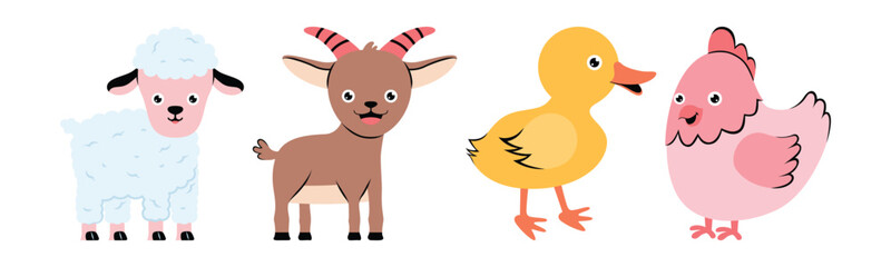 Cute cartoon illustrations of farm animals including a sheep, goat, duck and chicken, perfect for children's books or decorative use.