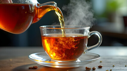 Earl Grey Tea Being Poured from Glass Pot into Crystal Tumbler Freezing Moment Amber Liquid Creates Perfect Crown Splash with Bergamot Oil